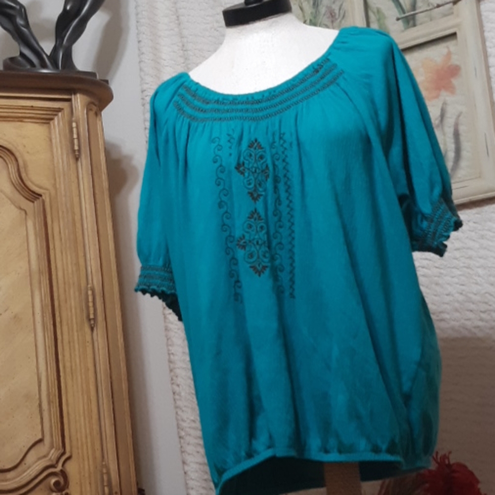 Boho Top Stretch Country Teal blue aqua Pheasant FRENCH LAUNDRY sz XXL